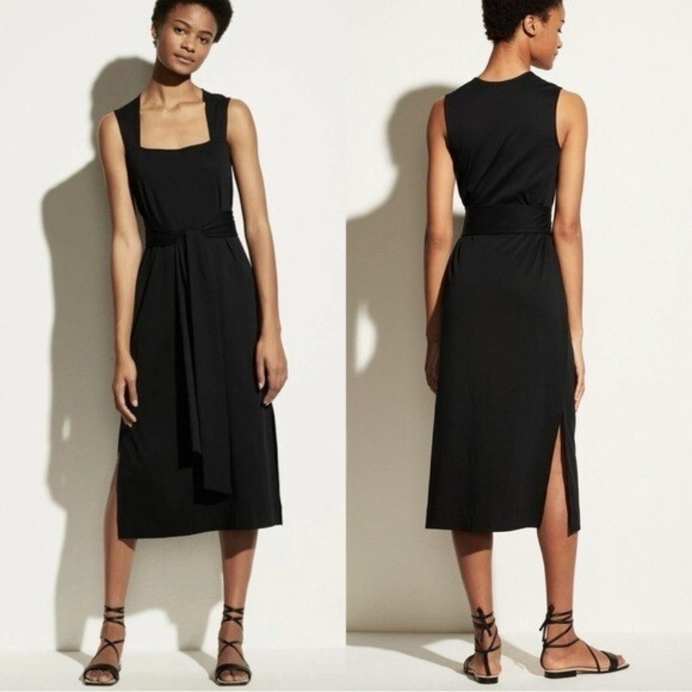 Vince Sleeveless Tie Detail Wrap Dress Black Midi Belted Small Made In Peru